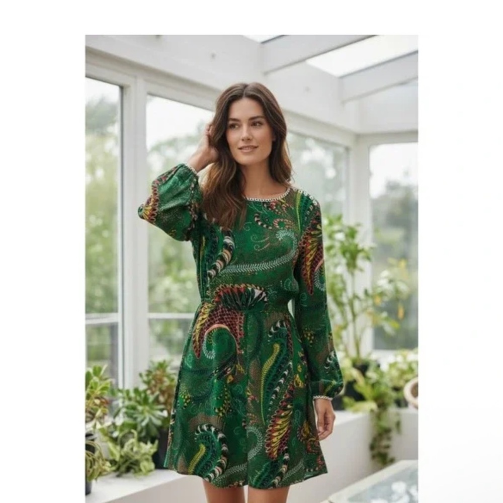 Anthropologie Maeve Green Multicolor Paisley Long Sleeve Tie-Waist Dress
